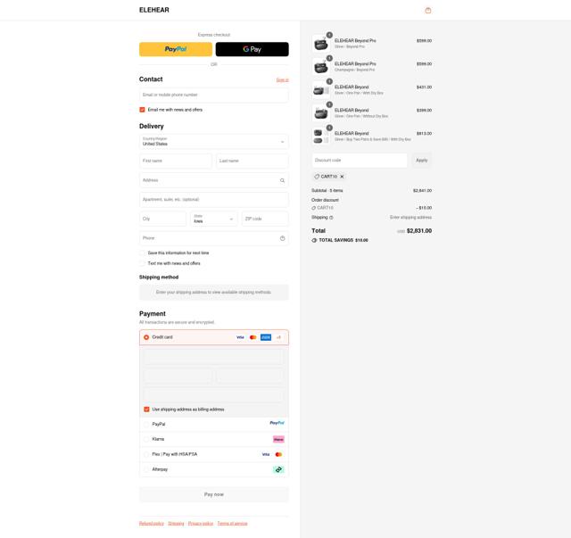 ELEHEAR checkout page showing ELEHEAR discount code box | Screenshot taken by SimplyCodes community member on Sep 13, 2025