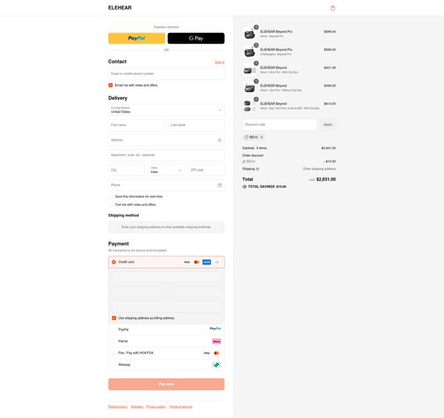 ELEHEAR checkout page showing ELEHEAR discount code box | Screenshot taken by SimplyCodes community member on Sep 13, 2025