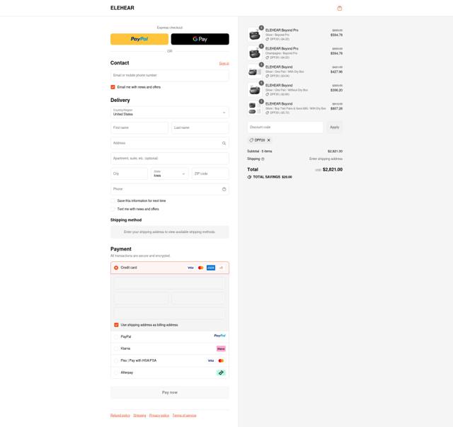 ELEHEAR checkout page showing ELEHEAR discount code box | Screenshot taken by SimplyCodes community member on Sep 13, 2025