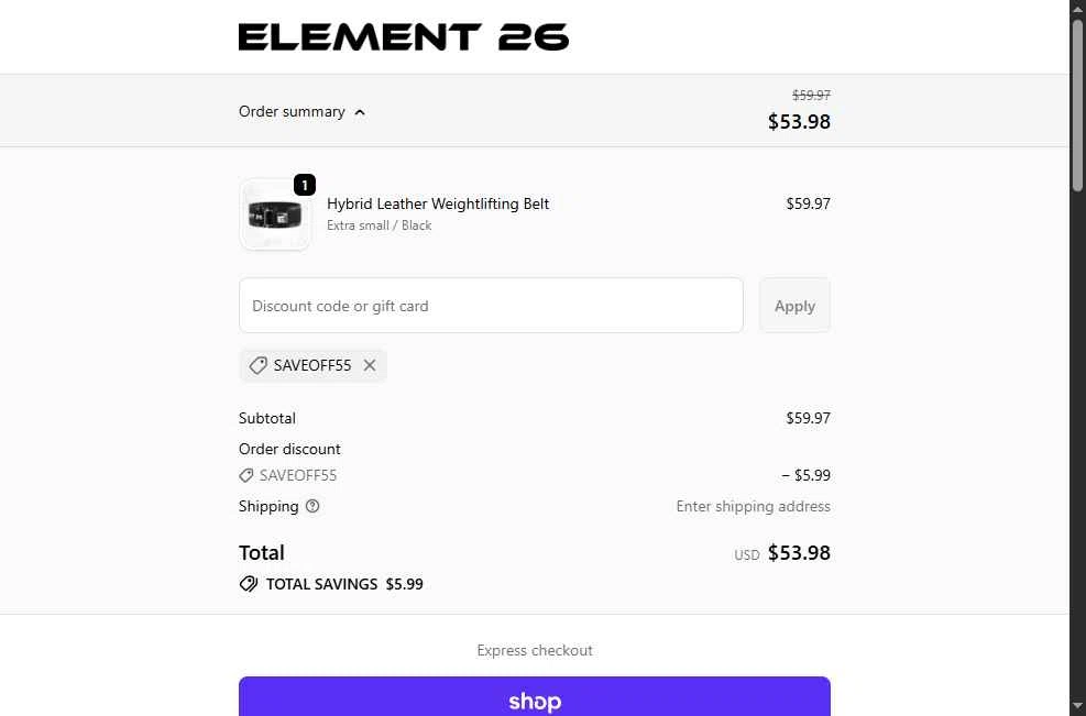 Element 26 checkout page showing Element 26 discount code box | Screenshot taken by SimplyCodes community member on Feb 13, 2026