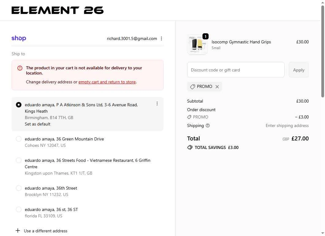 Element 26 checkout page showing Element 26 discount code box | Screenshot taken by SimplyCodes community member on Feb 12, 2026