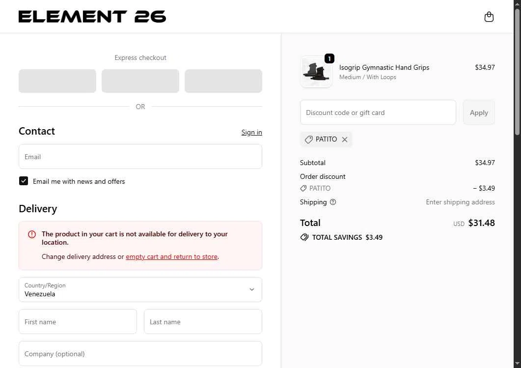 Element 26 checkout page showing Element 26 discount code box | Screenshot taken by SimplyCodes community member on Feb 11, 2026