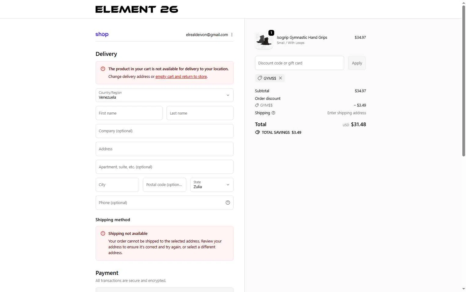 Element 26 checkout page showing Element 26 discount code box | Screenshot taken by SimplyCodes community member on Feb 13, 2026