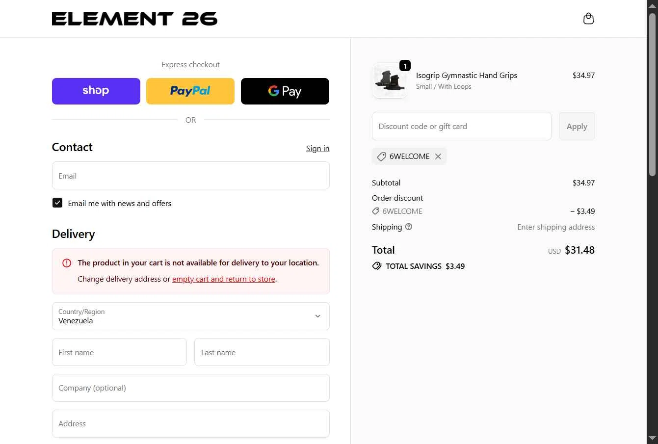 Element 26 checkout page showing Element 26 discount code box | Screenshot taken by SimplyCodes community member on Feb 13, 2026