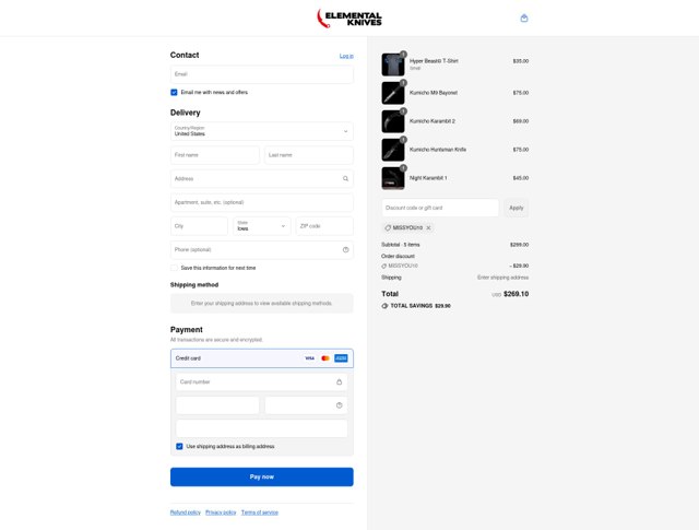 Elemental Knives checkout page showing Elemental Knives promo code box | Screenshot taken by SimplyCodes community member on Sep 4, 2025