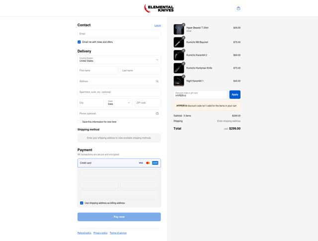 Elemental Knives checkout page showing Elemental Knives promo code box | Screenshot taken by SimplyCodes community member on Aug 27, 2025