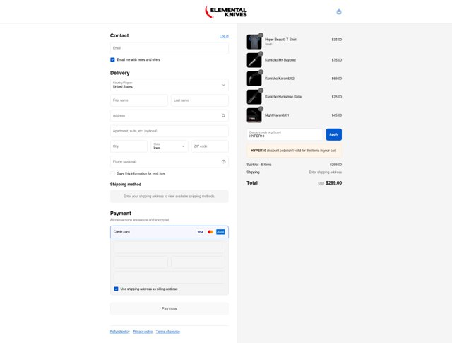 Elemental Knives checkout page showing Elemental Knives promo code box | Screenshot taken by SimplyCodes community member on Aug 31, 2025
