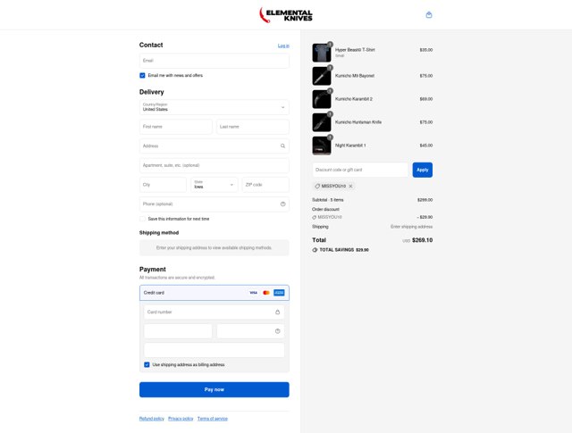 Elemental Knives checkout page showing Elemental Knives promo code box | Screenshot taken by SimplyCodes community member on Aug 18, 2025