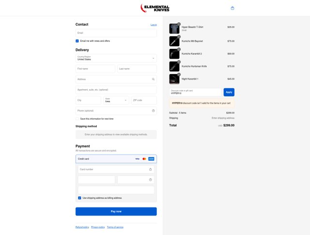 Elemental Knives checkout page showing Elemental Knives promo code box | Screenshot taken by SimplyCodes community member on Aug 23, 2025