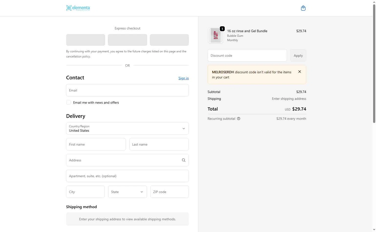 Elementa Silver checkout page showing Elementa Silver coupon code box | Screenshot taken by SimplyCodes community member on Feb 18, 2026