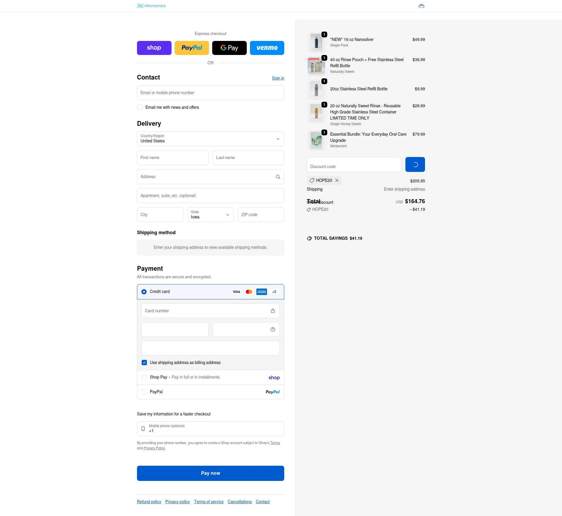 Elementa Silver checkout page showing Elementa Silver coupon code box | Screenshot taken by SimplyCodes community member on Feb 9, 2026