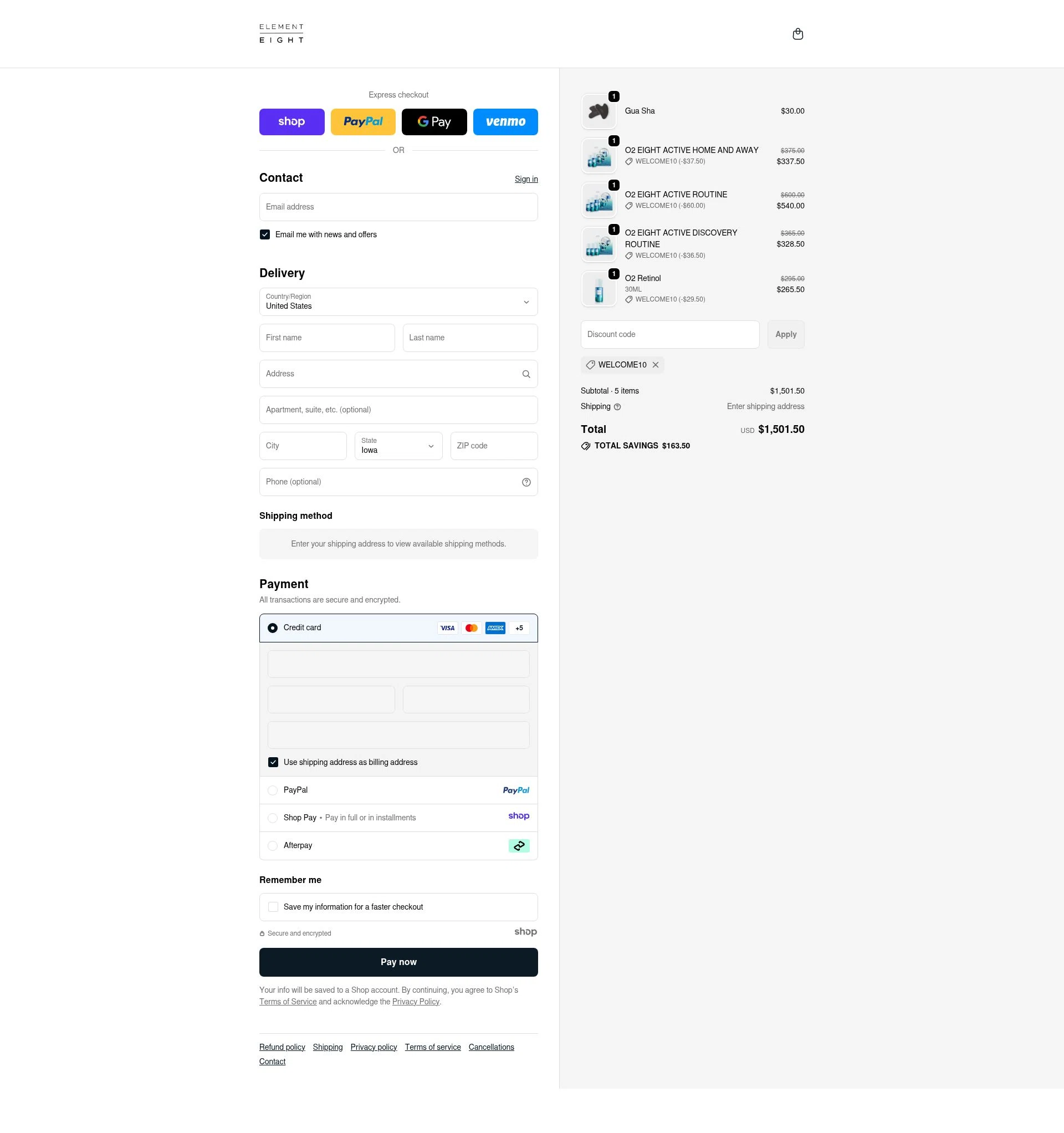 Element Eight checkout page showing Element Eight promo code box | Screenshot taken by SimplyCodes community member on Dec 12, 2025