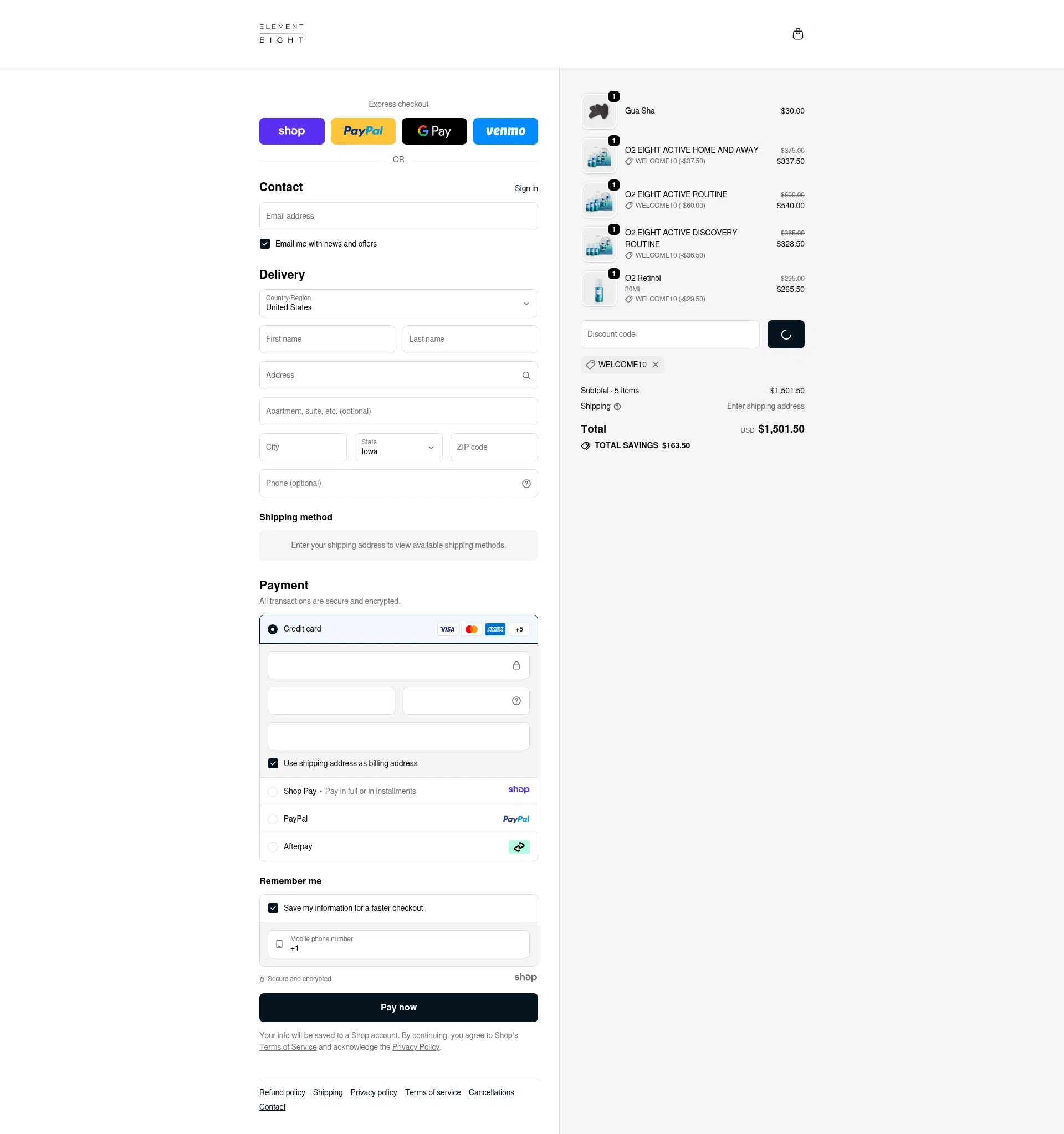 Element Eight checkout page showing Element Eight promo code box | Screenshot taken by SimplyCodes community member on Dec 18, 2025