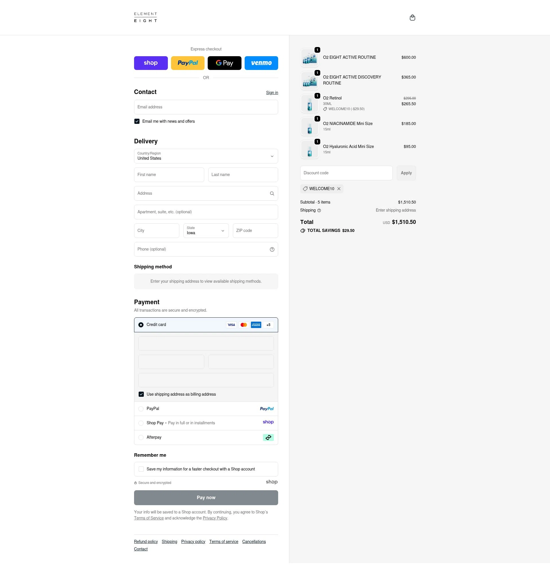 Element Eight checkout page showing Element Eight promo code box | Screenshot taken by SimplyCodes community member on Nov 25, 2025