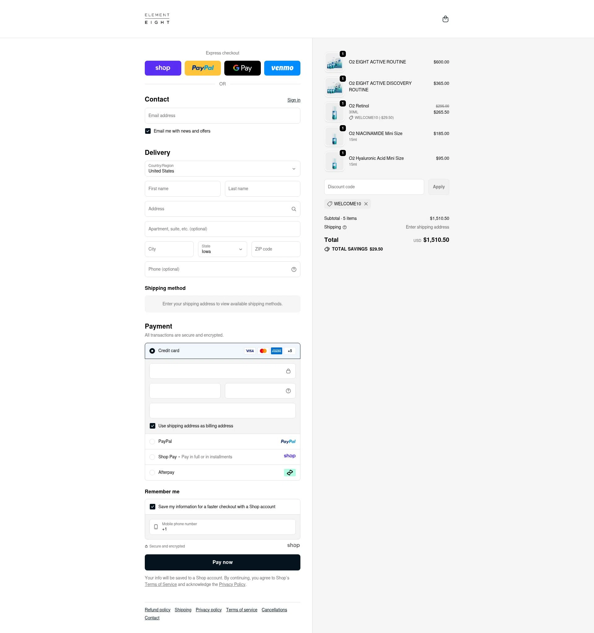 Element Eight checkout page showing Element Eight promo code box | Screenshot taken by SimplyCodes community member on Nov 15, 2025