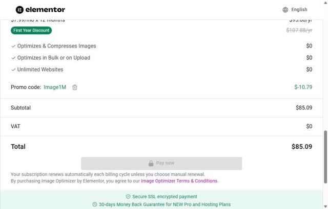 Elementor checkout page showing Elementor discount code box | Screenshot taken by SimplyCodes community member on Sep 15, 2025