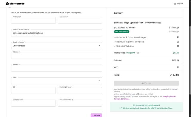 Elementor checkout page showing Elementor discount code box | Screenshot taken by SimplyCodes community member on Aug 27, 2025