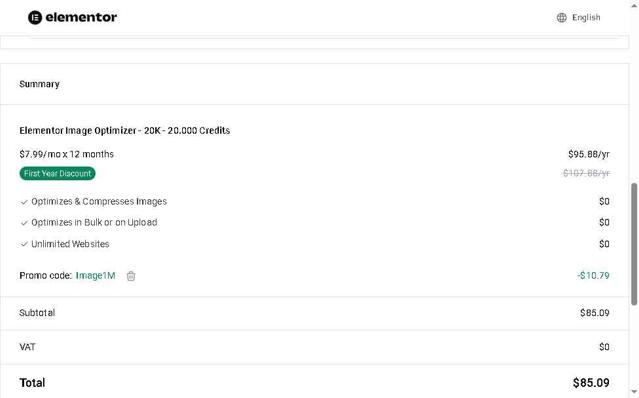 Elementor checkout page showing Elementor discount code box | Screenshot taken by SimplyCodes community member on Sep 4, 2025