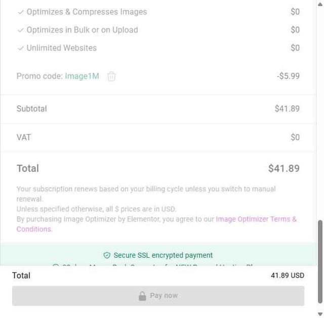 Elementor checkout page showing Elementor discount code box | Screenshot taken by SimplyCodes community member on Aug 9, 2025