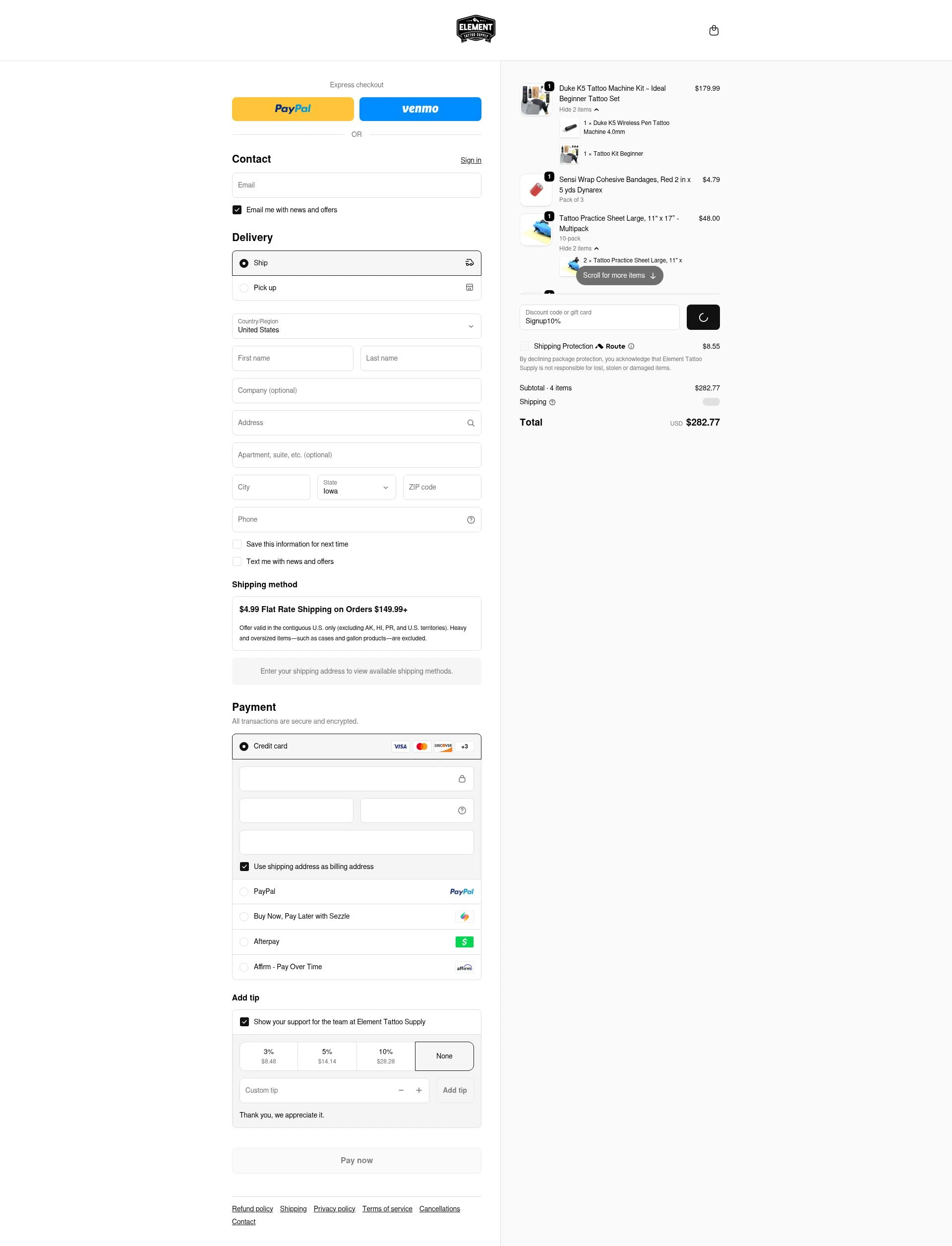 Element Tattoo Supply checkout page showing Element Tattoo Supply discount code box | Screenshot taken by SimplyCodes community member on Jan 31, 2026