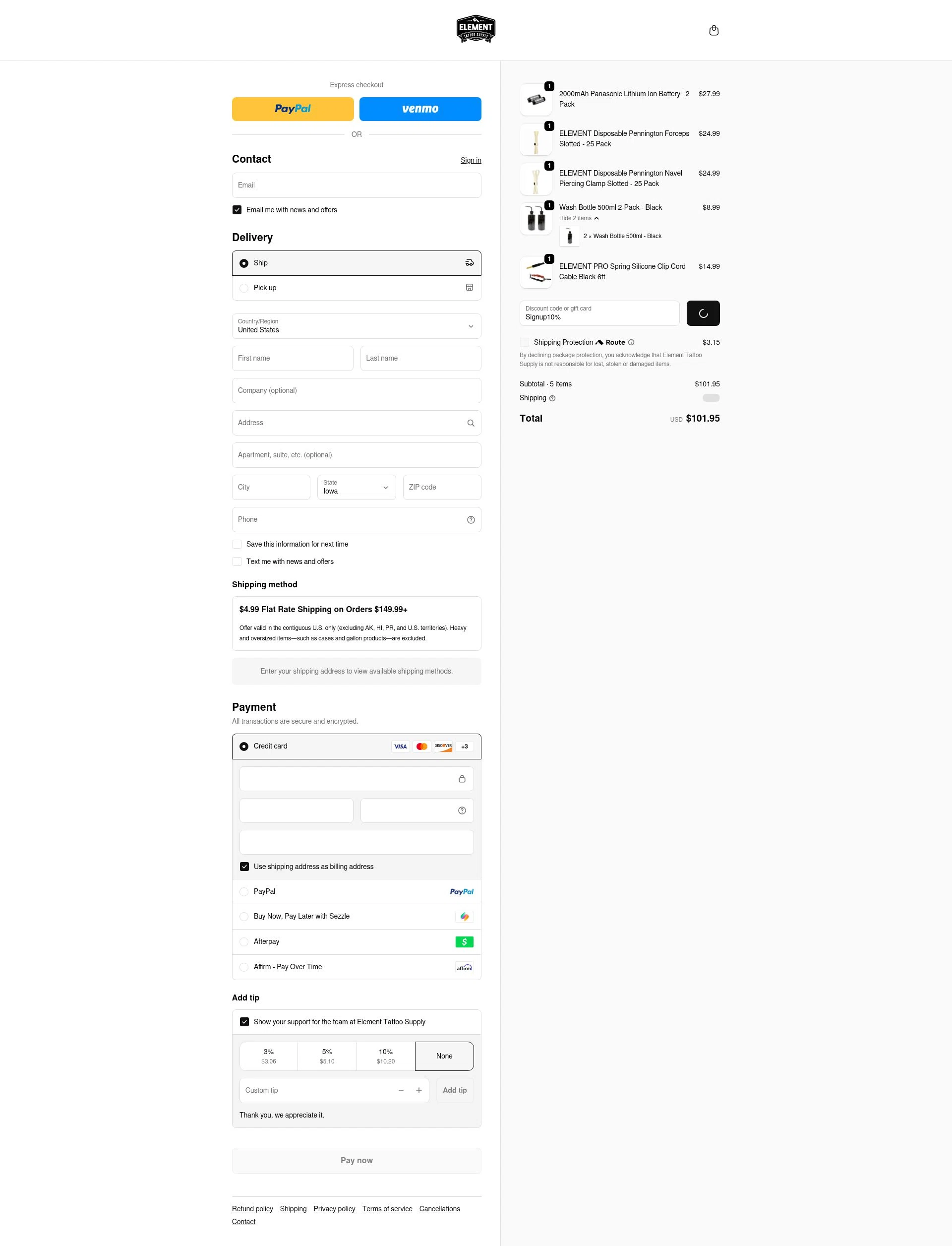 Element Tattoo Supply checkout page showing Element Tattoo Supply discount code box | Screenshot taken by SimplyCodes community member on Feb 9, 2026