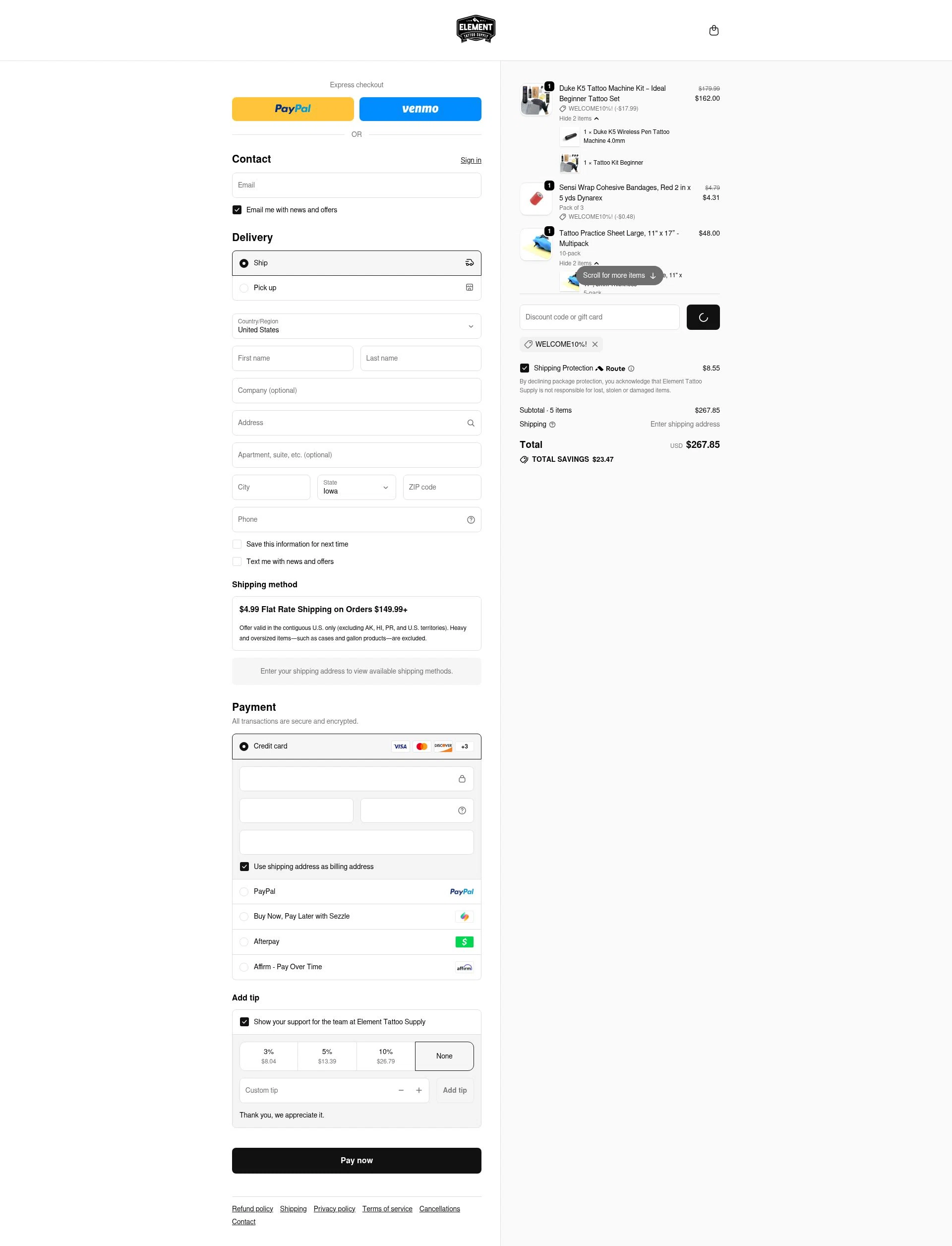 Element Tattoo Supply checkout page showing Element Tattoo Supply discount code box | Screenshot taken by SimplyCodes community member on Jan 31, 2026