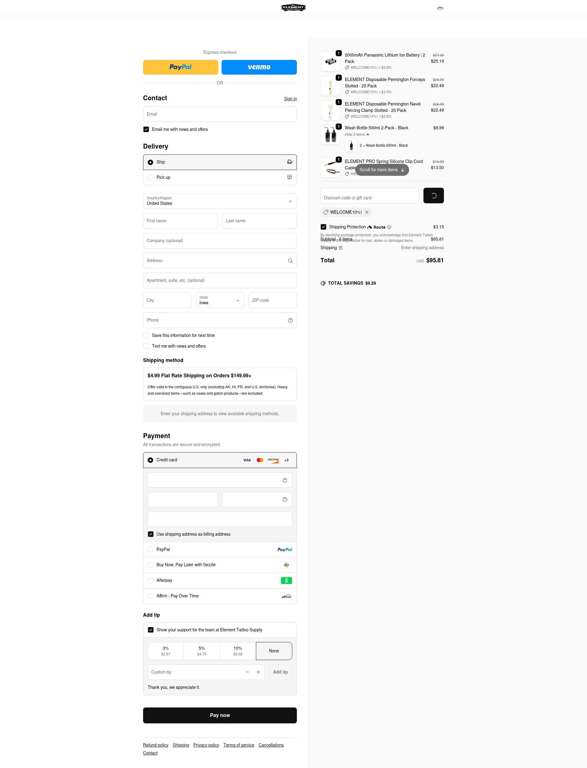 Element Tattoo Supply checkout page showing Element Tattoo Supply discount code box | Screenshot taken by SimplyCodes community member on Feb 9, 2026