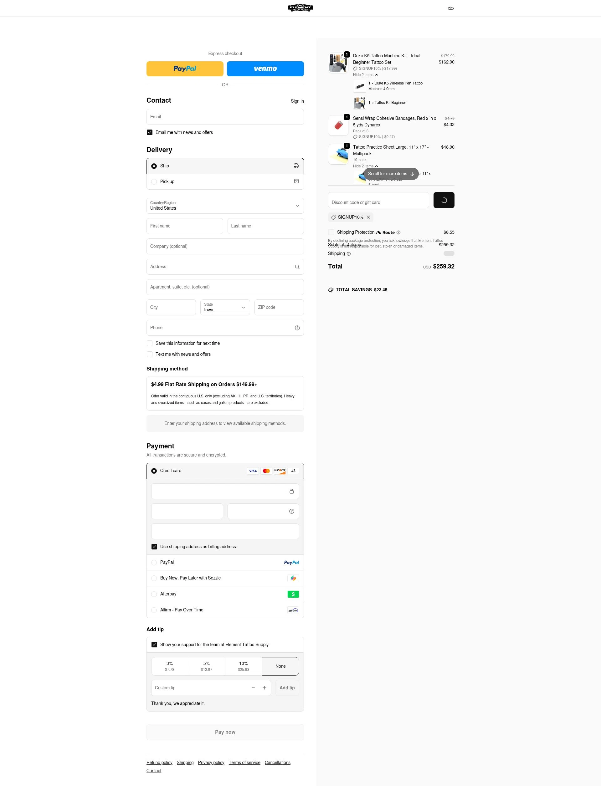 Element Tattoo Supply checkout page showing Element Tattoo Supply discount code box | Screenshot taken by SimplyCodes community member on Feb 4, 2026
