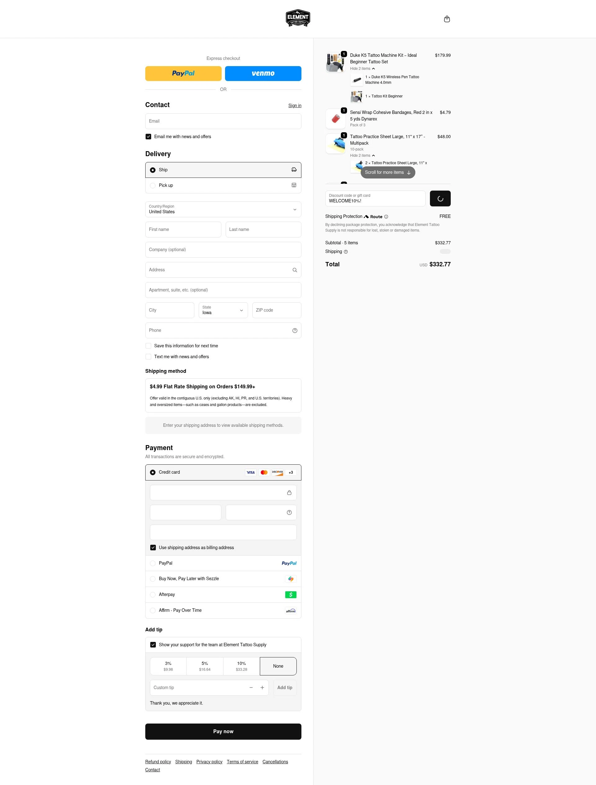 Element Tattoo Supply checkout page showing Element Tattoo Supply discount code box | Screenshot taken by SimplyCodes community member on Jan 26, 2026