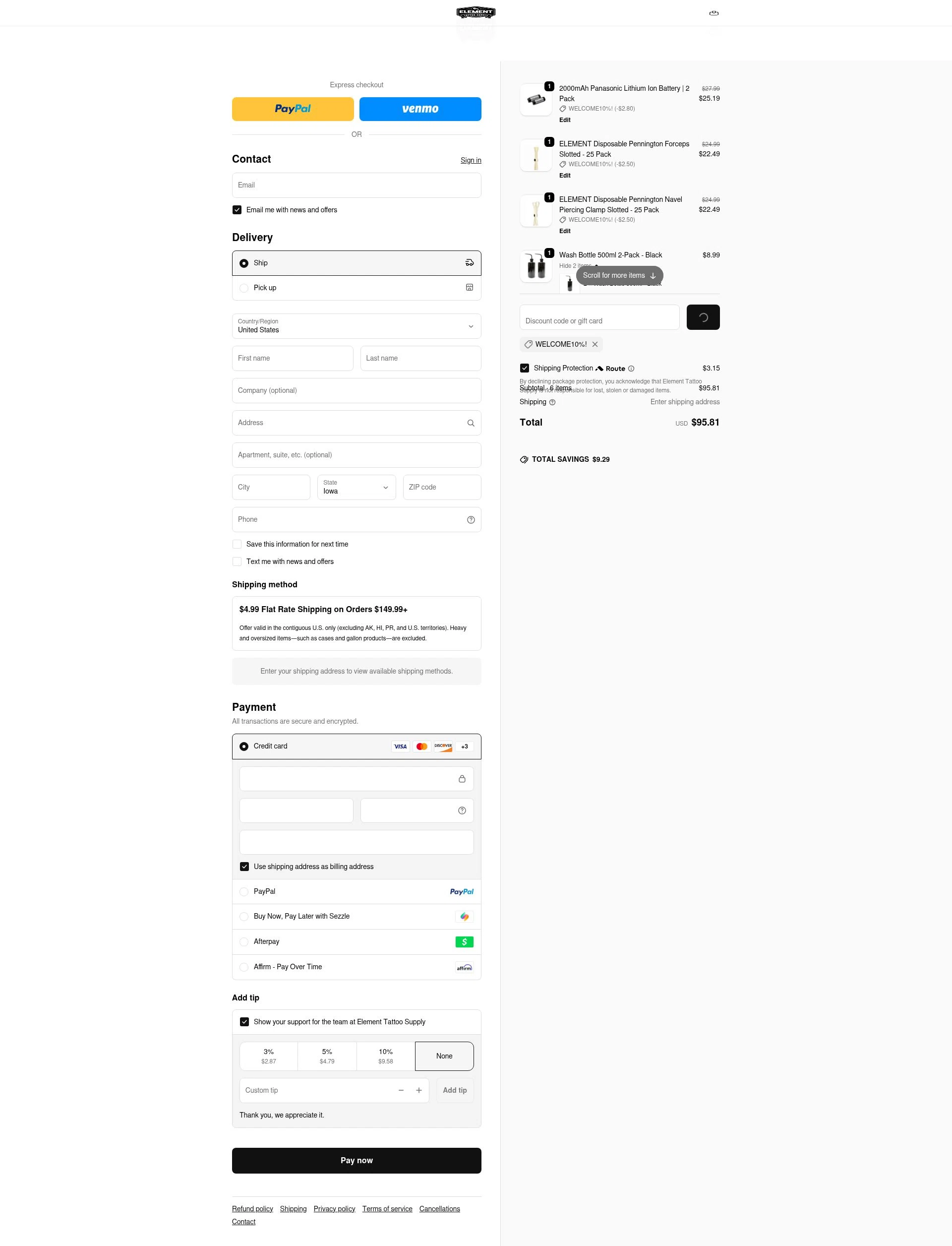 Element Tattoo Supply checkout page showing Element Tattoo Supply discount code box | Screenshot taken by SimplyCodes community member on Feb 13, 2026