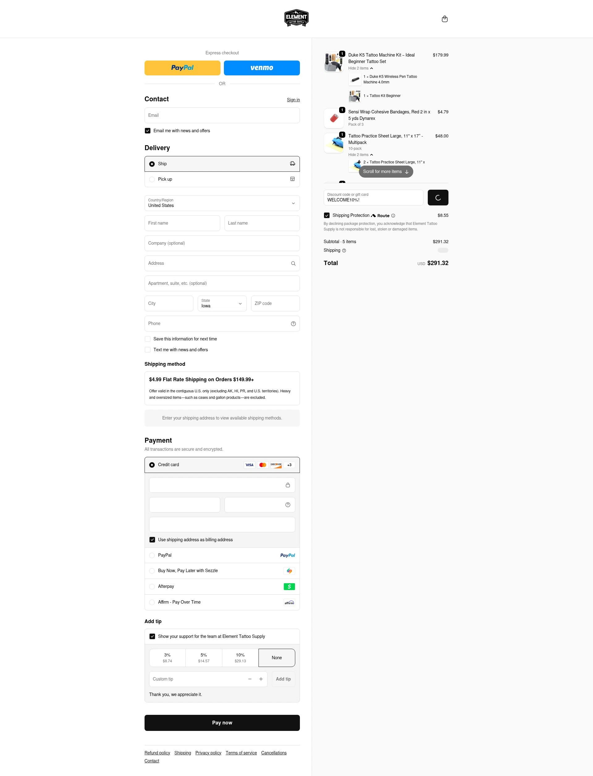 Element Tattoo Supply checkout page showing Element Tattoo Supply discount code box | Screenshot taken by SimplyCodes community member on Feb 4, 2026