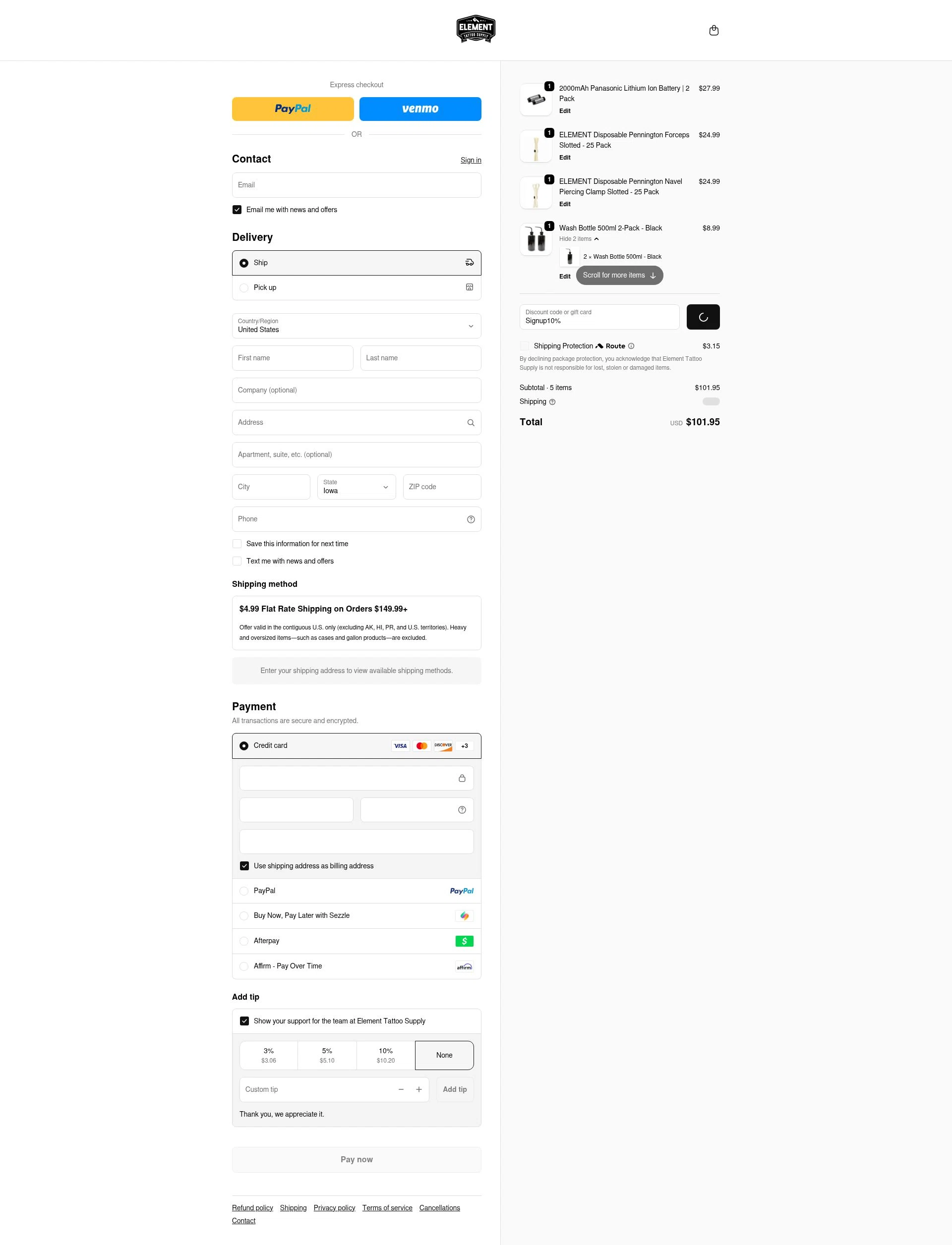 Element Tattoo Supply checkout page showing Element Tattoo Supply discount code box | Screenshot taken by SimplyCodes community member on Feb 13, 2026