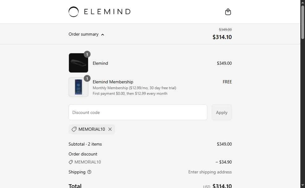 Elemind checkout page showing Elemind discount code box | Screenshot taken by SimplyCodes community member on May 26, 2025