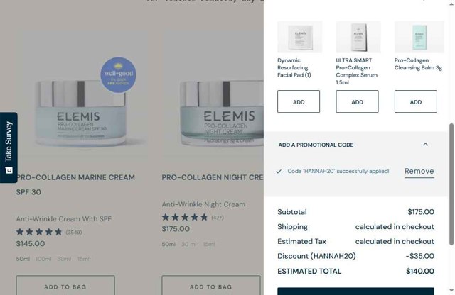 ELEMIS checkout page showing ELEMIS promo code box | Screenshot taken by SimplyCodes community member on Sep 9, 2025
