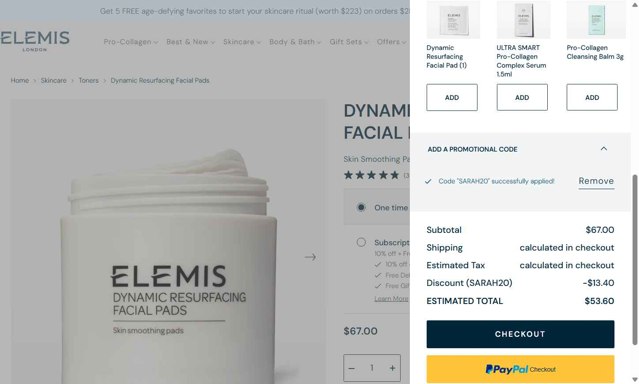 ELEMIS checkout page showing ELEMIS promo code box | Screenshot taken by SimplyCodes community member on Sep 5, 2025