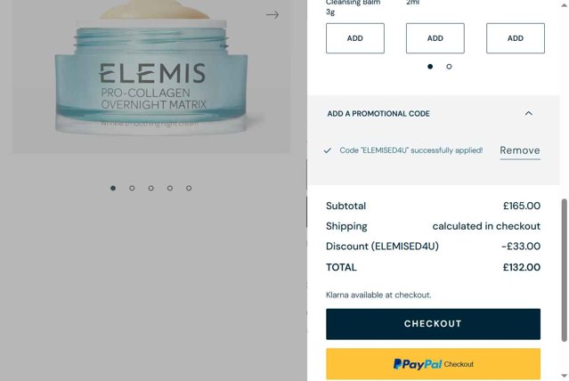 ELEMIS checkout page showing ELEMIS promo code box | Screenshot taken by SimplyCodes community member on Sep 9, 2025
