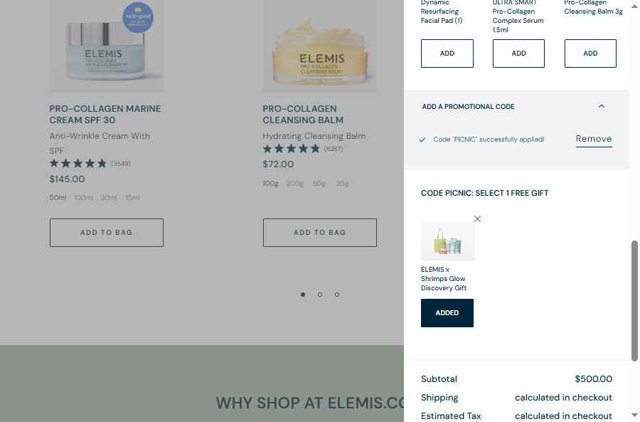 ELEMIS checkout page showing ELEMIS promo code box | Screenshot taken by SimplyCodes community member on Sep 9, 2025