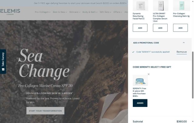 ELEMIS checkout page showing ELEMIS promo code box | Screenshot taken by SimplyCodes community member on Sep 7, 2025