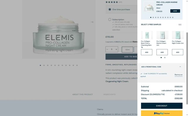 ELEMIS checkout page showing ELEMIS promo code box | Screenshot taken by SimplyCodes community member on Sep 9, 2025