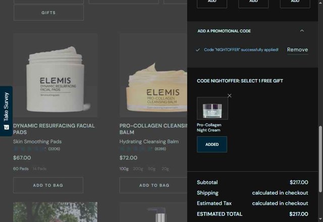 ELEMIS checkout page showing ELEMIS promo code box | Screenshot taken by SimplyCodes community member on Sep 7, 2025