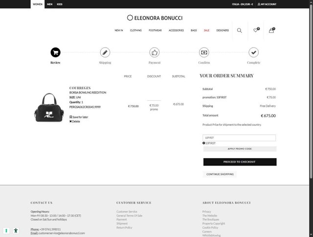 Eleonora Bonucci checkout page showing Eleonora Bonucci promo code box | Screenshot taken by SimplyCodes community member on Aug 19, 2025