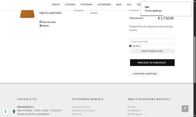 Eleonora Bonucci checkout page showing Eleonora Bonucci promo code box | Screenshot taken by SimplyCodes community member on Jul 22, 2025