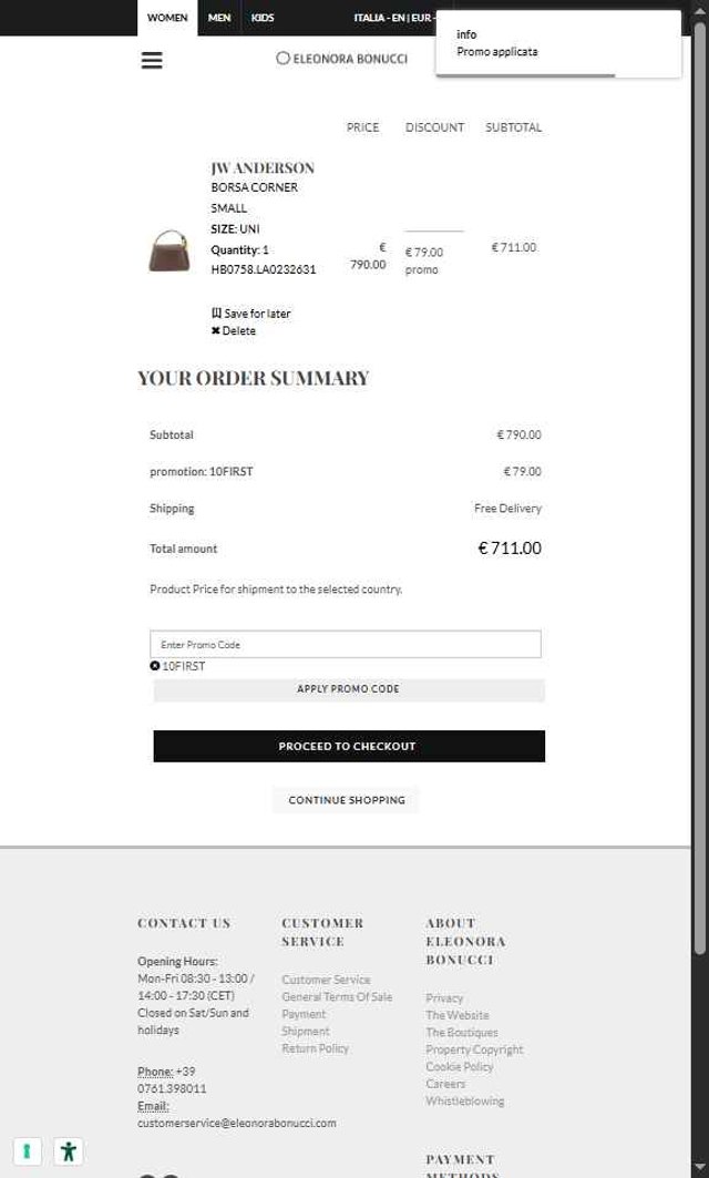 Eleonora Bonucci checkout page showing Eleonora Bonucci promo code box | Screenshot taken by SimplyCodes community member on Jul 22, 2025