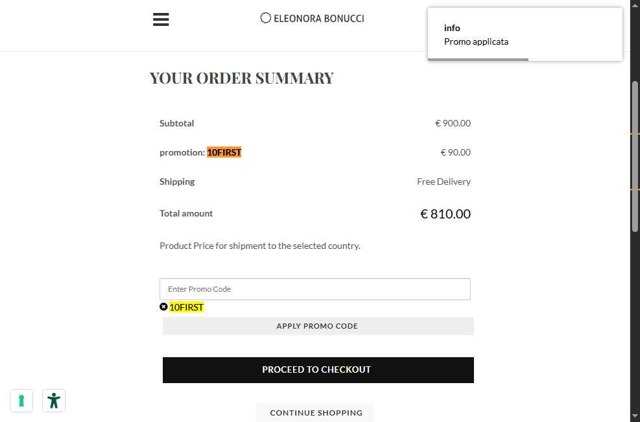 Eleonora Bonucci checkout page showing Eleonora Bonucci promo code box | Screenshot taken by SimplyCodes community member on Jul 22, 2025