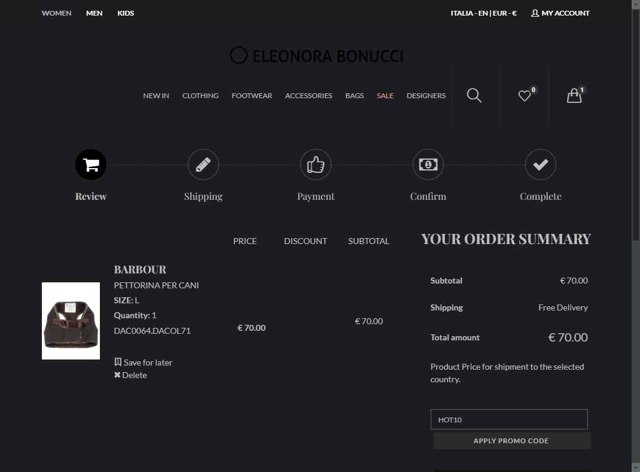 Eleonora Bonucci checkout page showing Eleonora Bonucci promo code box | Screenshot taken by SimplyCodes community member on Aug 26, 2025