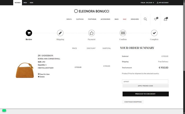 Eleonora Bonucci checkout page showing Eleonora Bonucci promo code box | Screenshot taken by SimplyCodes community member on Jul 22, 2025