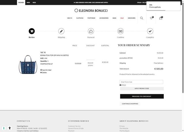 Eleonora Bonucci checkout page showing Eleonora Bonucci promo code box | Screenshot taken by SimplyCodes community member on Aug 29, 2025