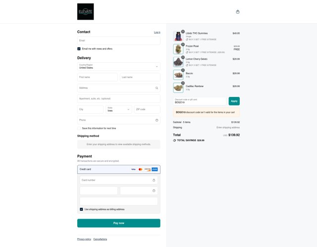 Elevate checkout page showing Elevate discount code box | Screenshot taken by SimplyCodes community member on Sep 7, 2025