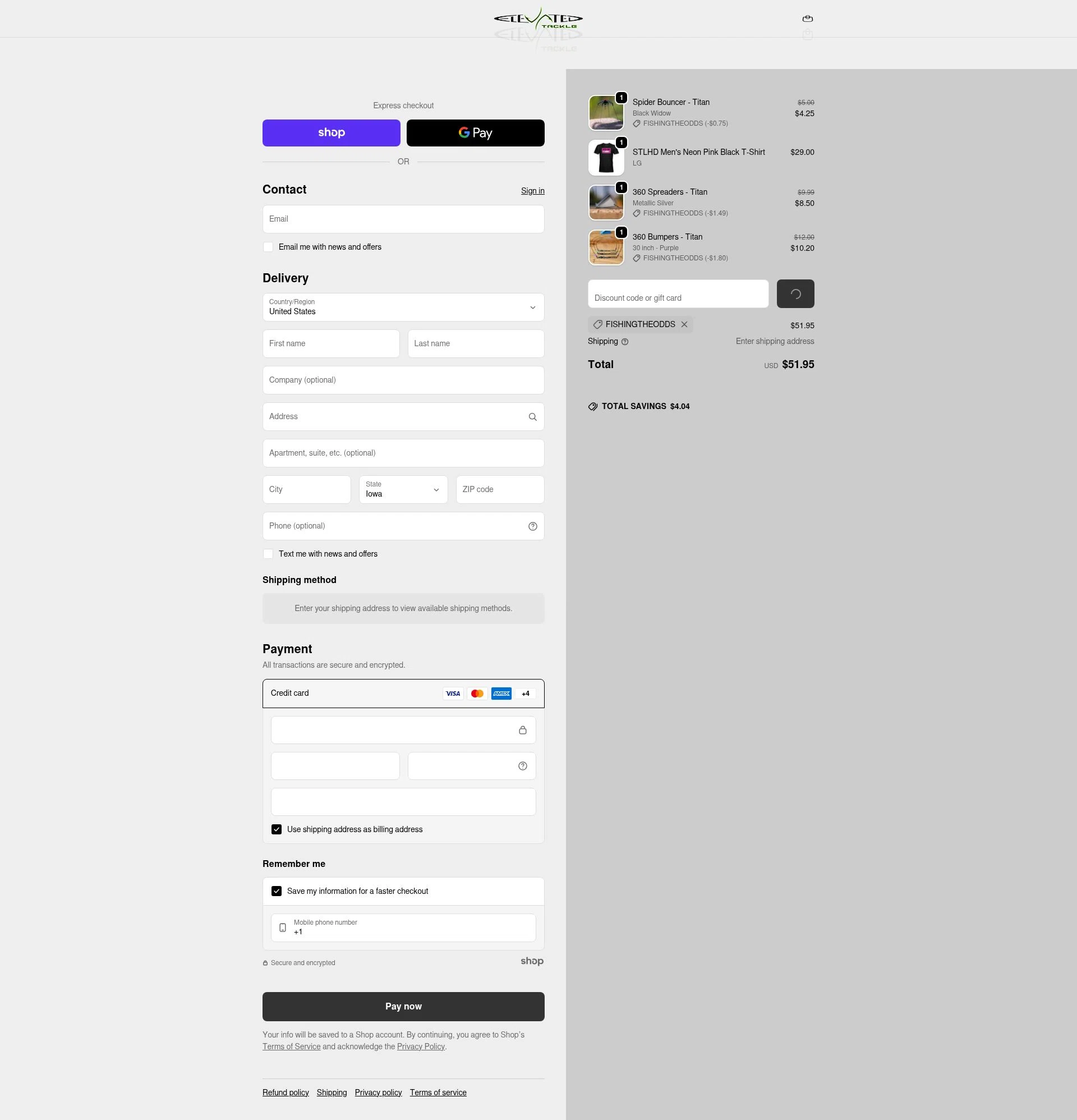 Elevated Tackle checkout page showing Elevated Tackle promo code box | Screenshot taken by SimplyCodes community member on Jan 23, 2026