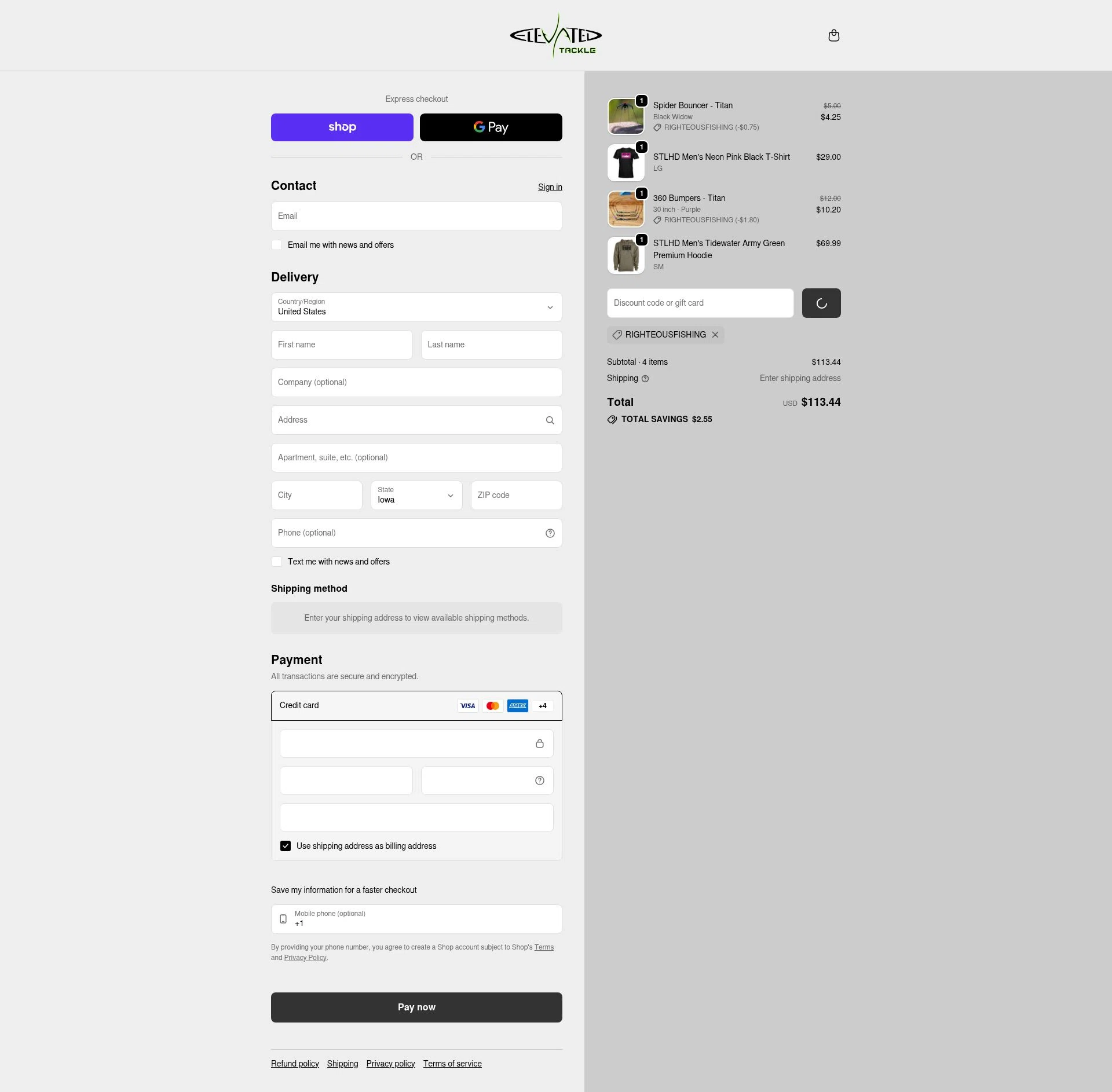 Elevated Tackle checkout page showing Elevated Tackle promo code box | Screenshot taken by SimplyCodes community member on Feb 5, 2026